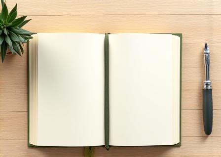 Cuaderno de diario con una planta pequeña al lado representando el crecimiento