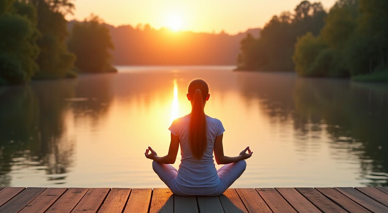 Persona meditando pacíficamente frente a un paisaje sereno